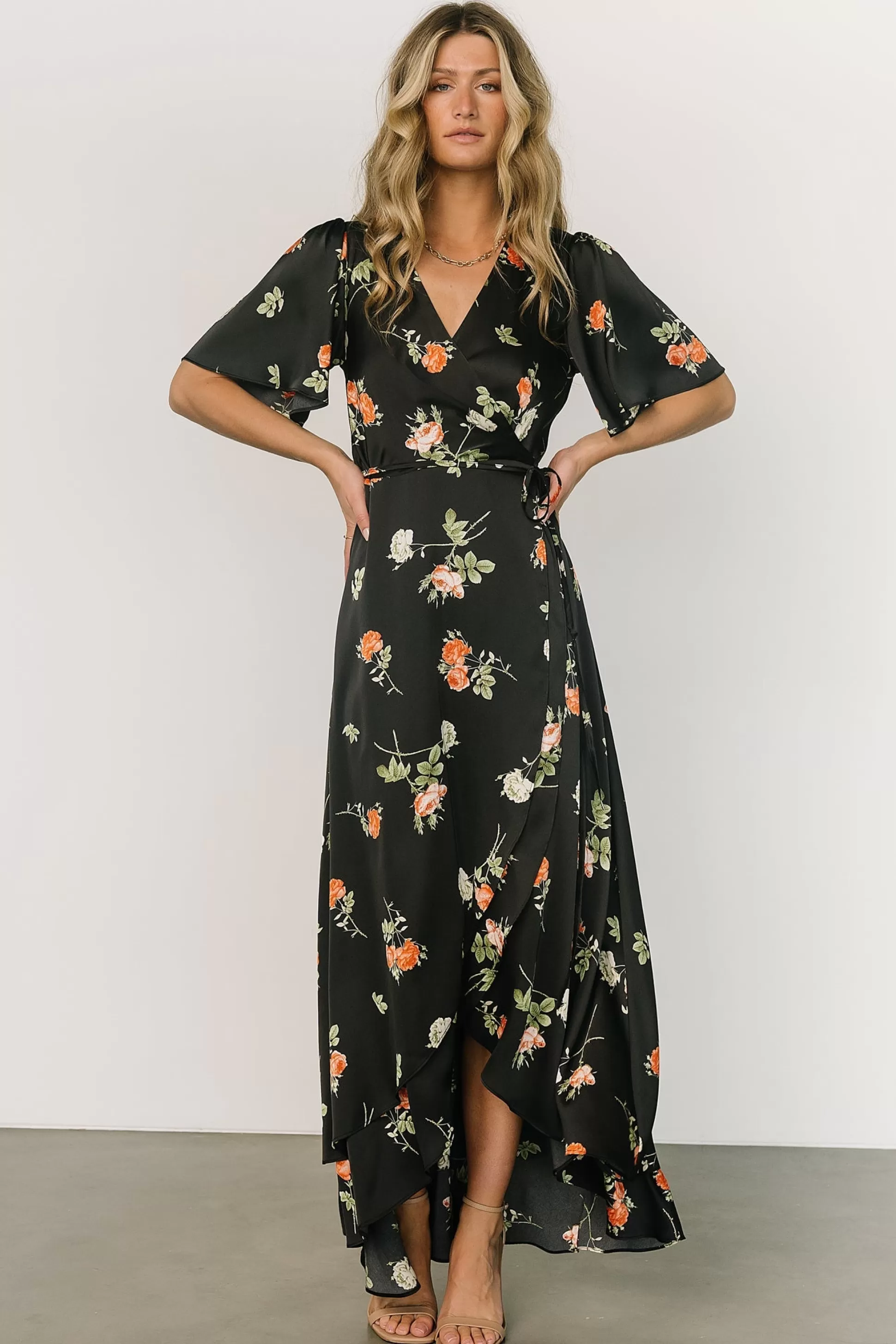 SALE | Baltic Born Amara Wrap Dress | Black + Coral Floral