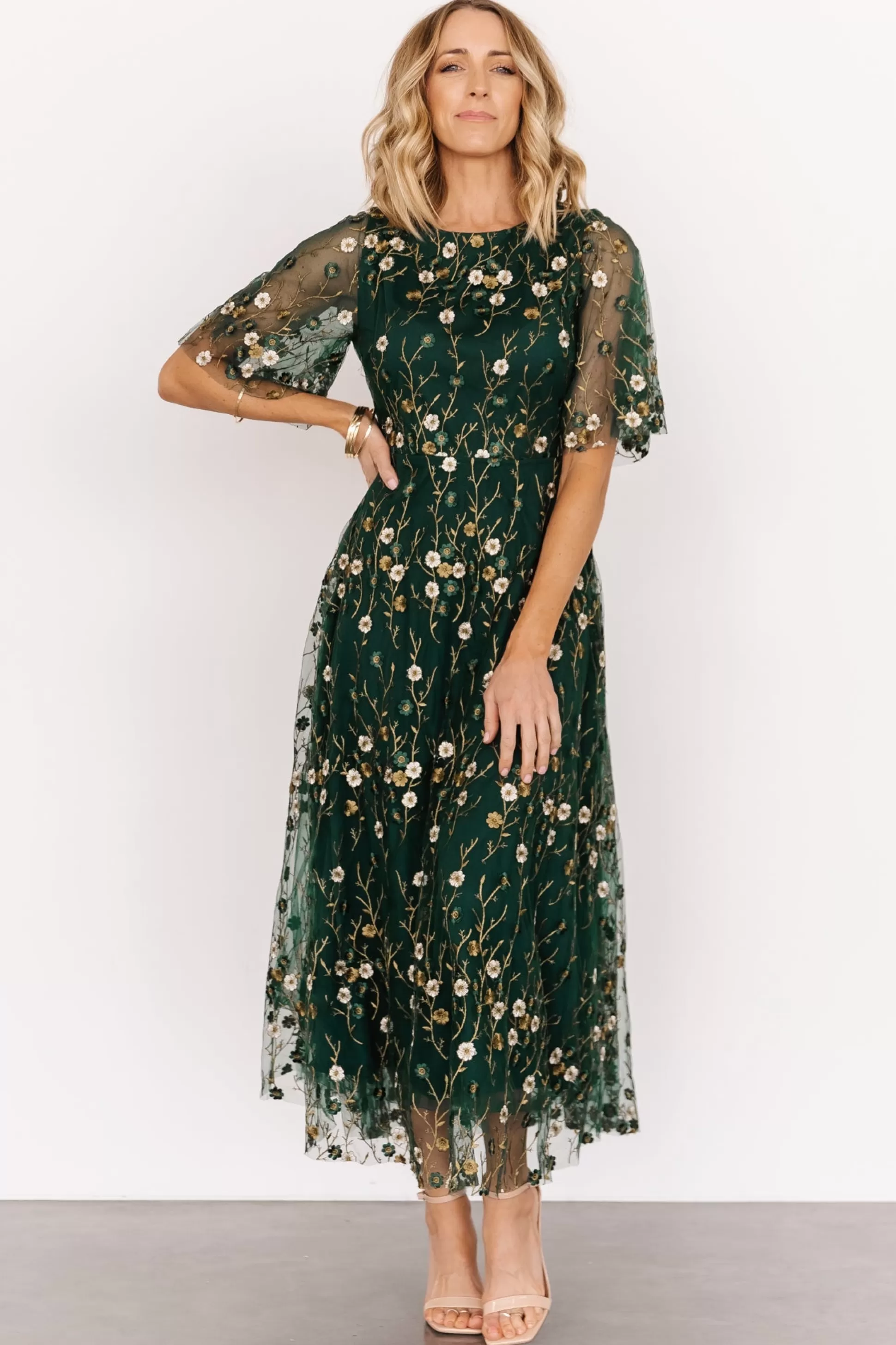 WEDDING SUITE | wedding guest | Baltic Born Arabella Embroidered Tulle Maxi Dress | Dark Green Floral