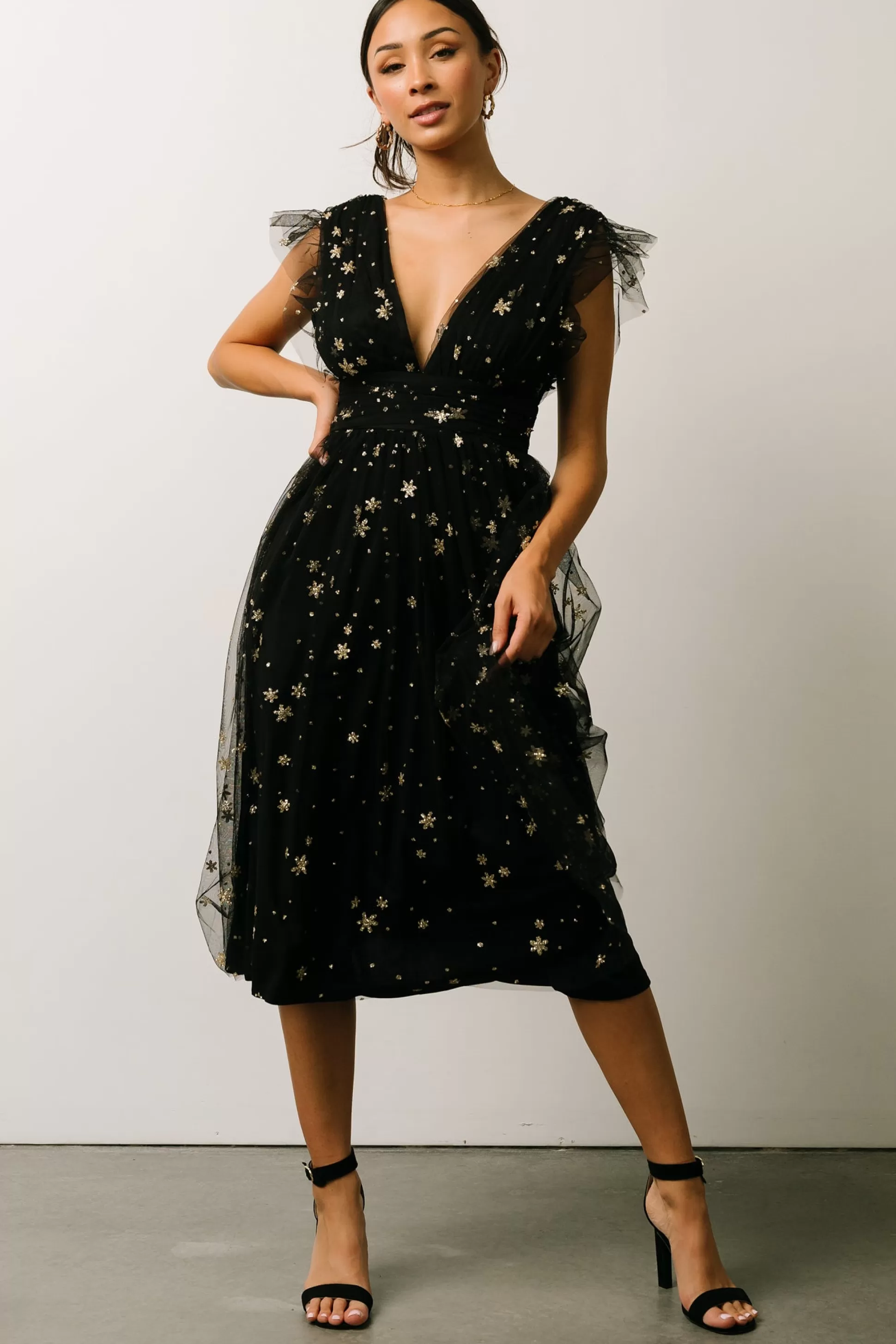COMING SOON | Baltic Born Chiara Shimmer Midi Dress | Black + Gold