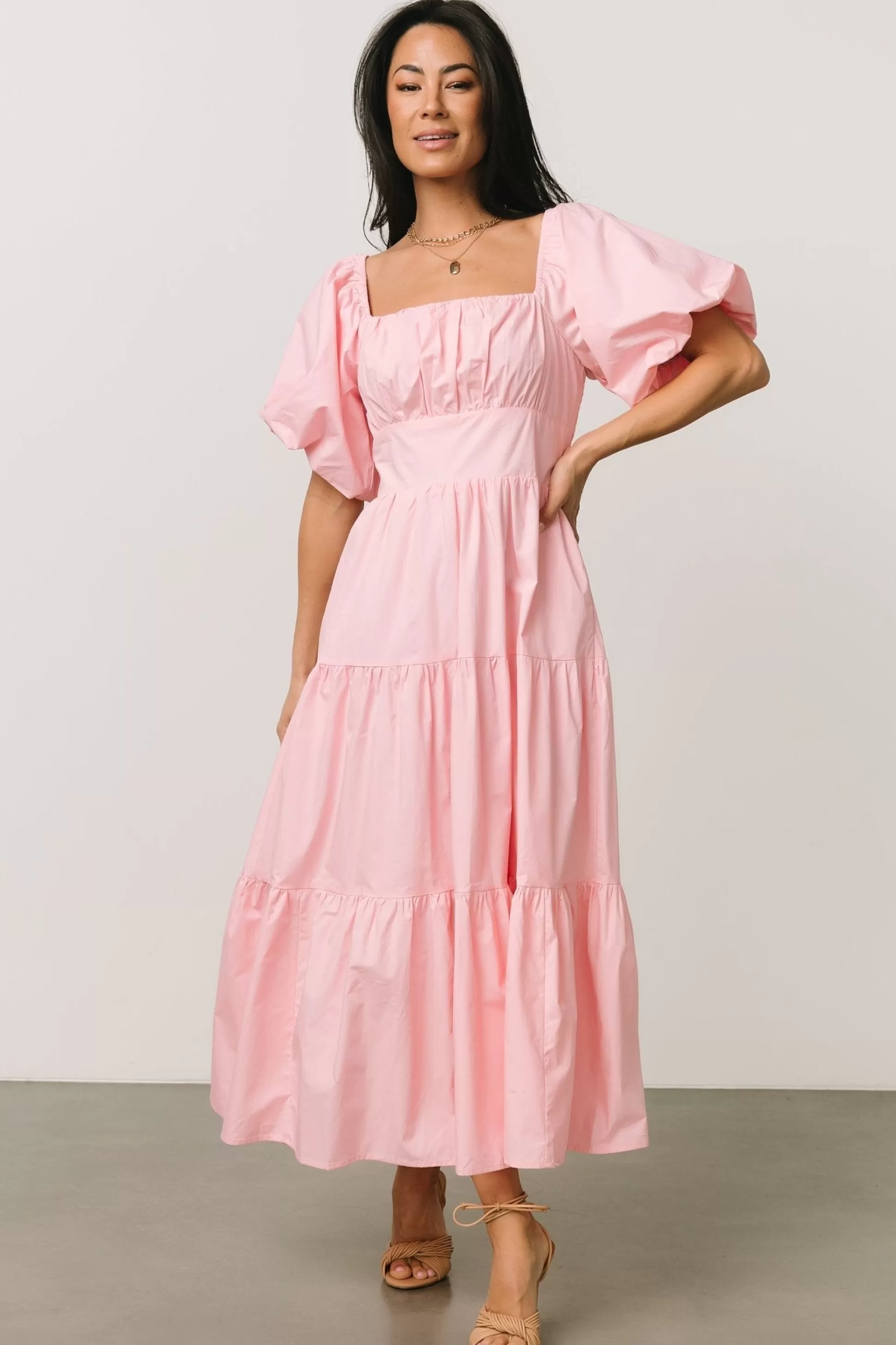 midi dresses | Baltic Born Cindy Puff Sleeve Tiered Dress | Pink