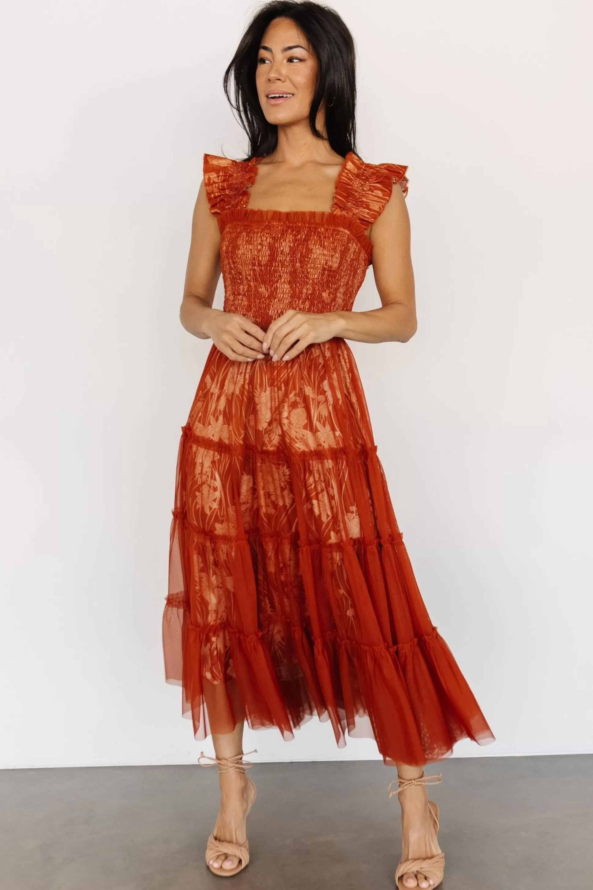 WEDDING SUITE | wedding guest | Baltic Born Cora Smocked Tulle Dress | Rust Floral