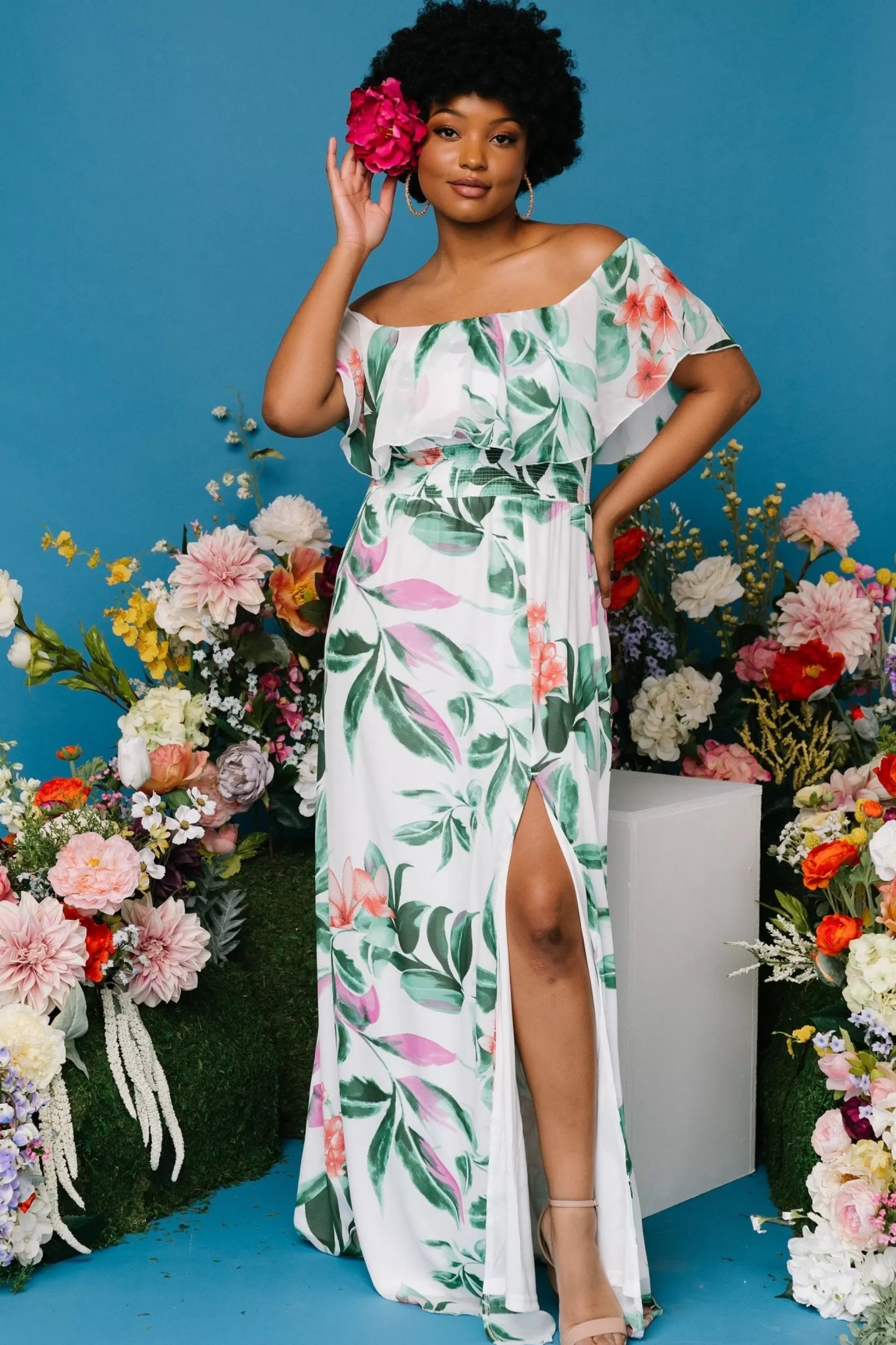 maxi dresses | Baltic Born Daphne Off Shoulder Maxi Dress | White + Green Multi Floral
