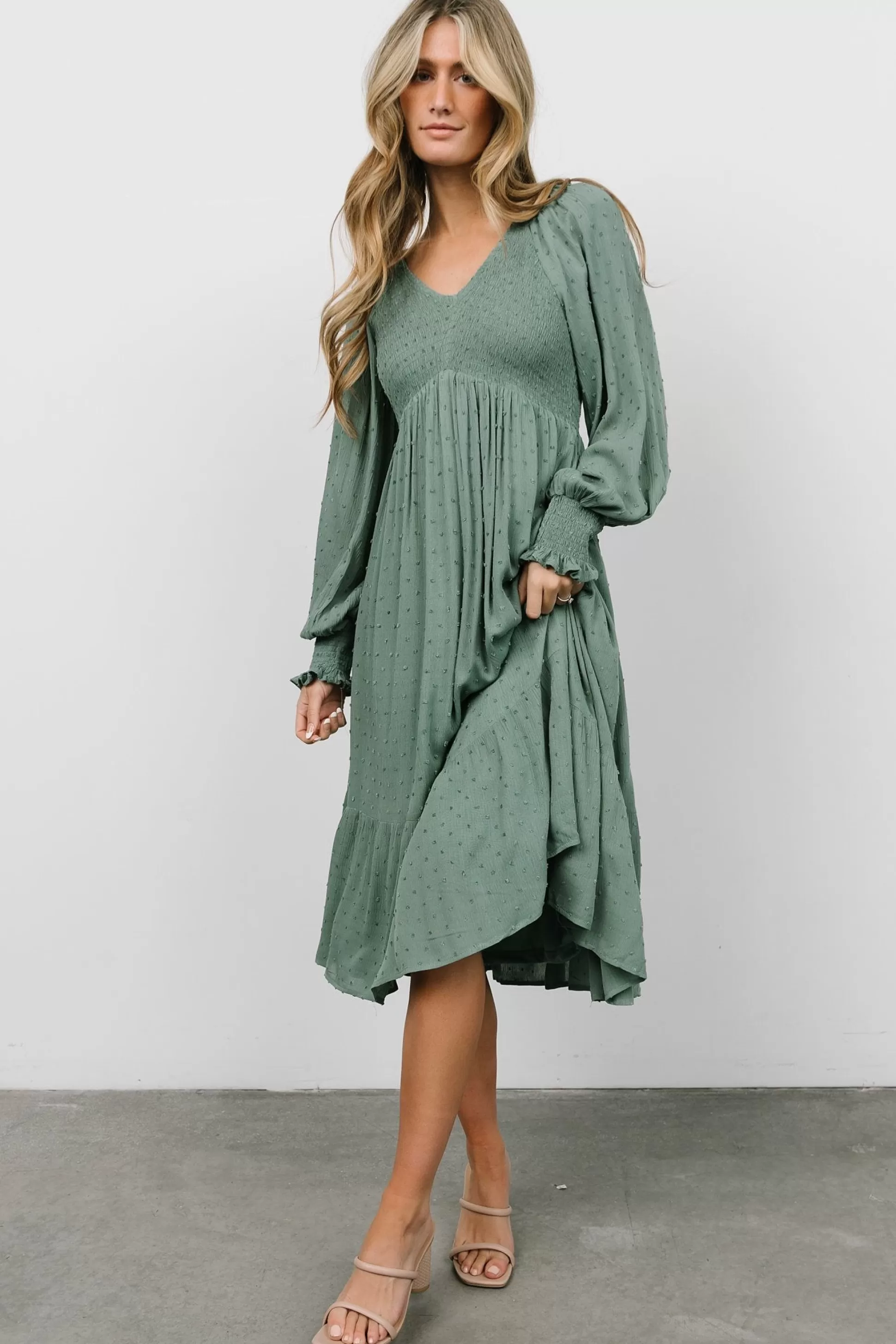 midi dresses | bump friendly | Baltic Born Lainey Smocked Dotted Midi Dress | Dark Sage