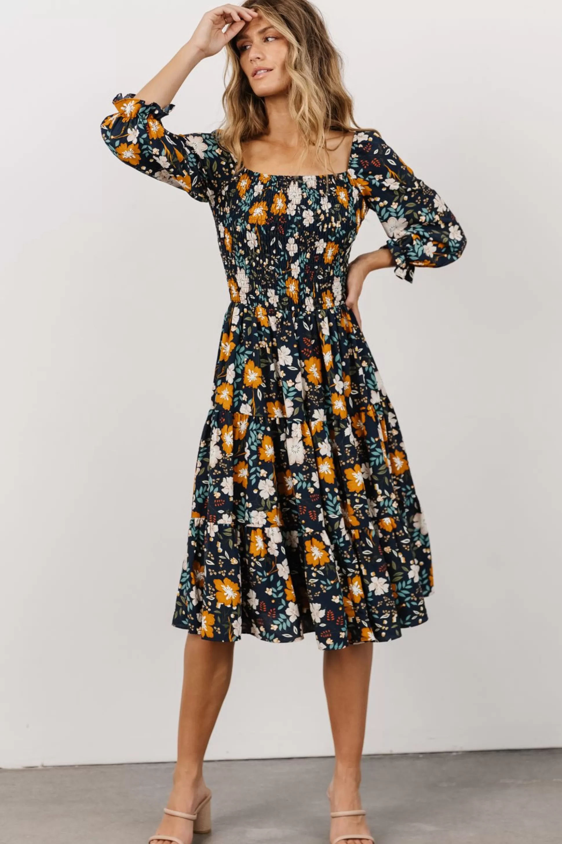 SALE | Baltic Born Marta Smocked Midi Dress | Dark Blue Vintage Floral
