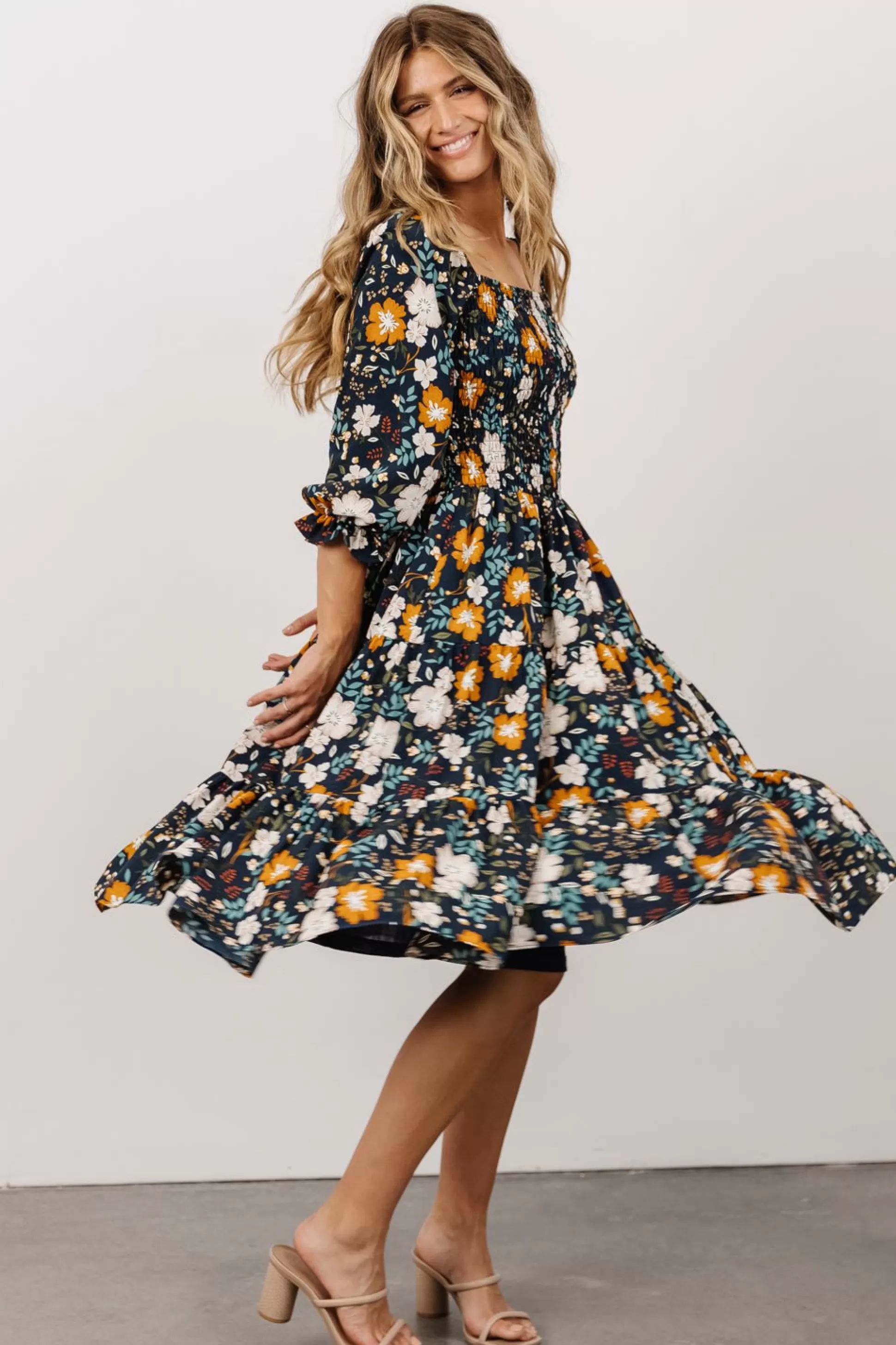 SALE | Baltic Born Marta Smocked Midi Dress | Dark Blue Vintage Floral