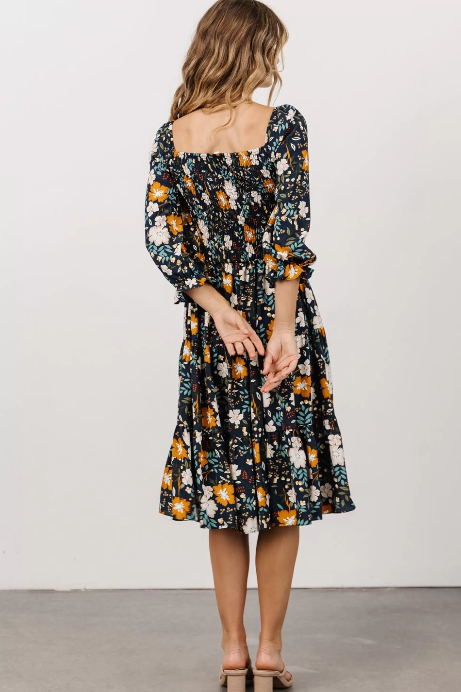 SALE | Baltic Born Marta Smocked Midi Dress | Dark Blue Vintage Floral