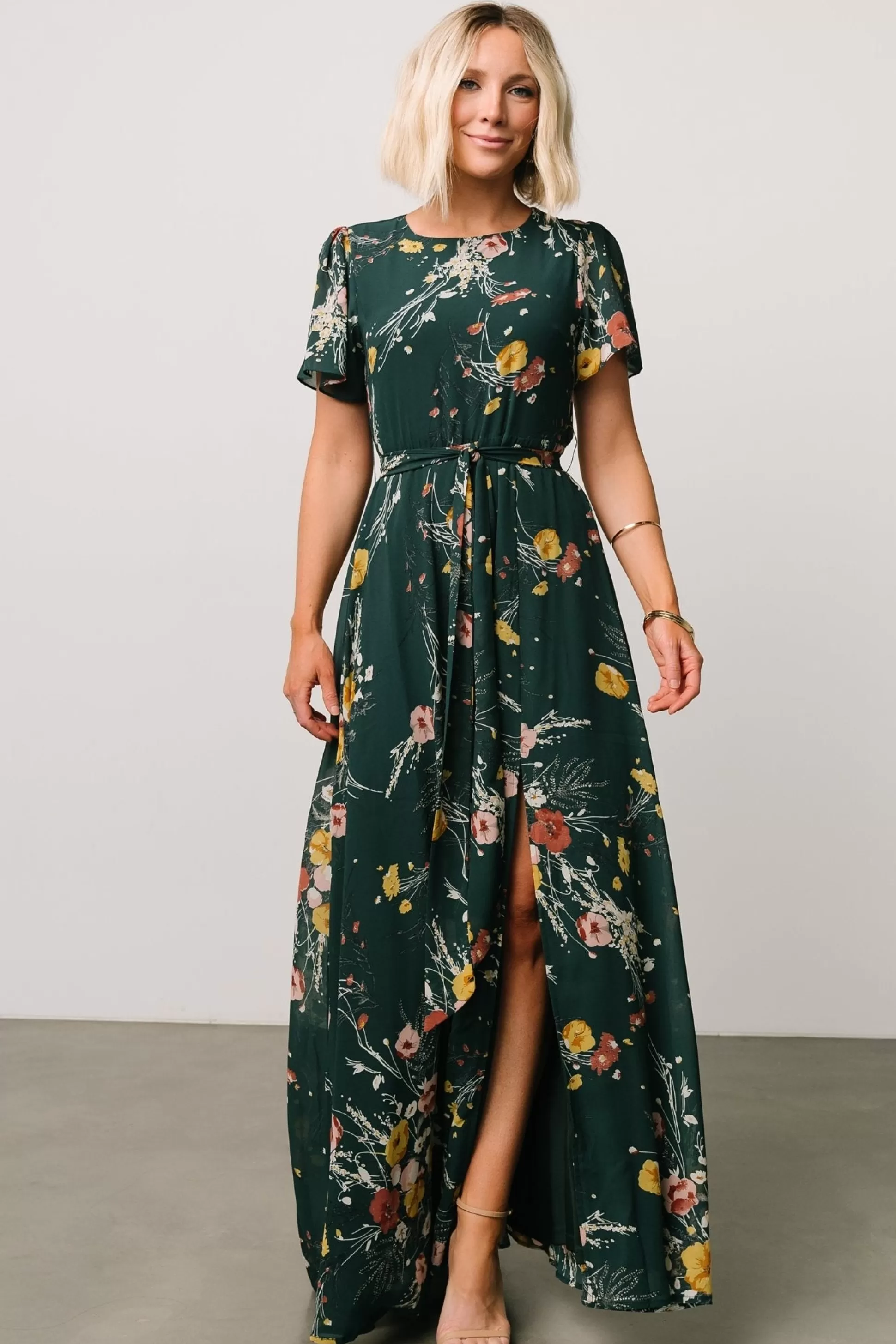 BEST SELLERS | Baltic Born Naomi Short Sleeve Maxi Dress | Dark Green Floral