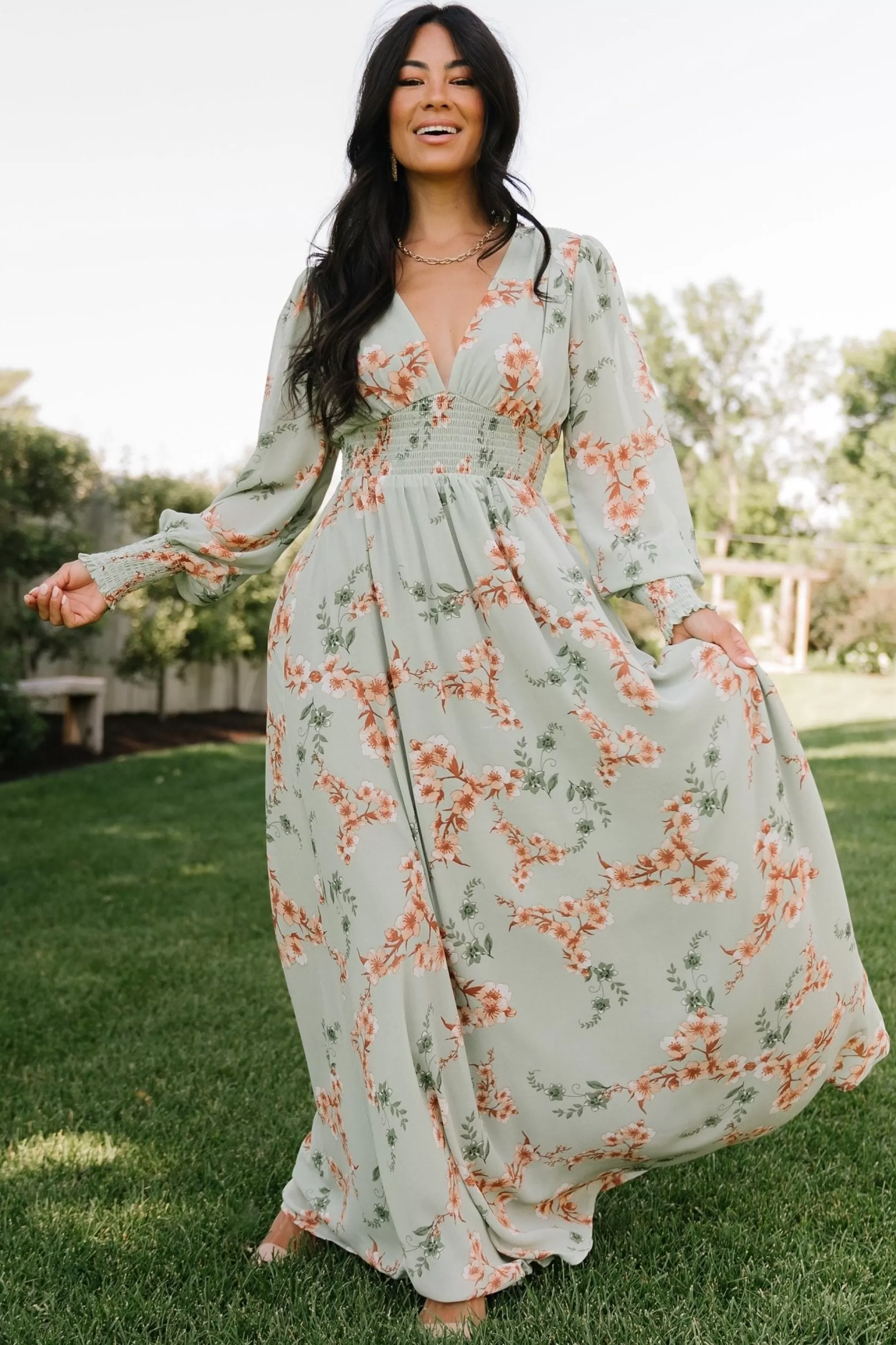 WEDDING SUITE | wedding guest | Baltic Born Olivia Maxi Dress | Sage + Peach Floral