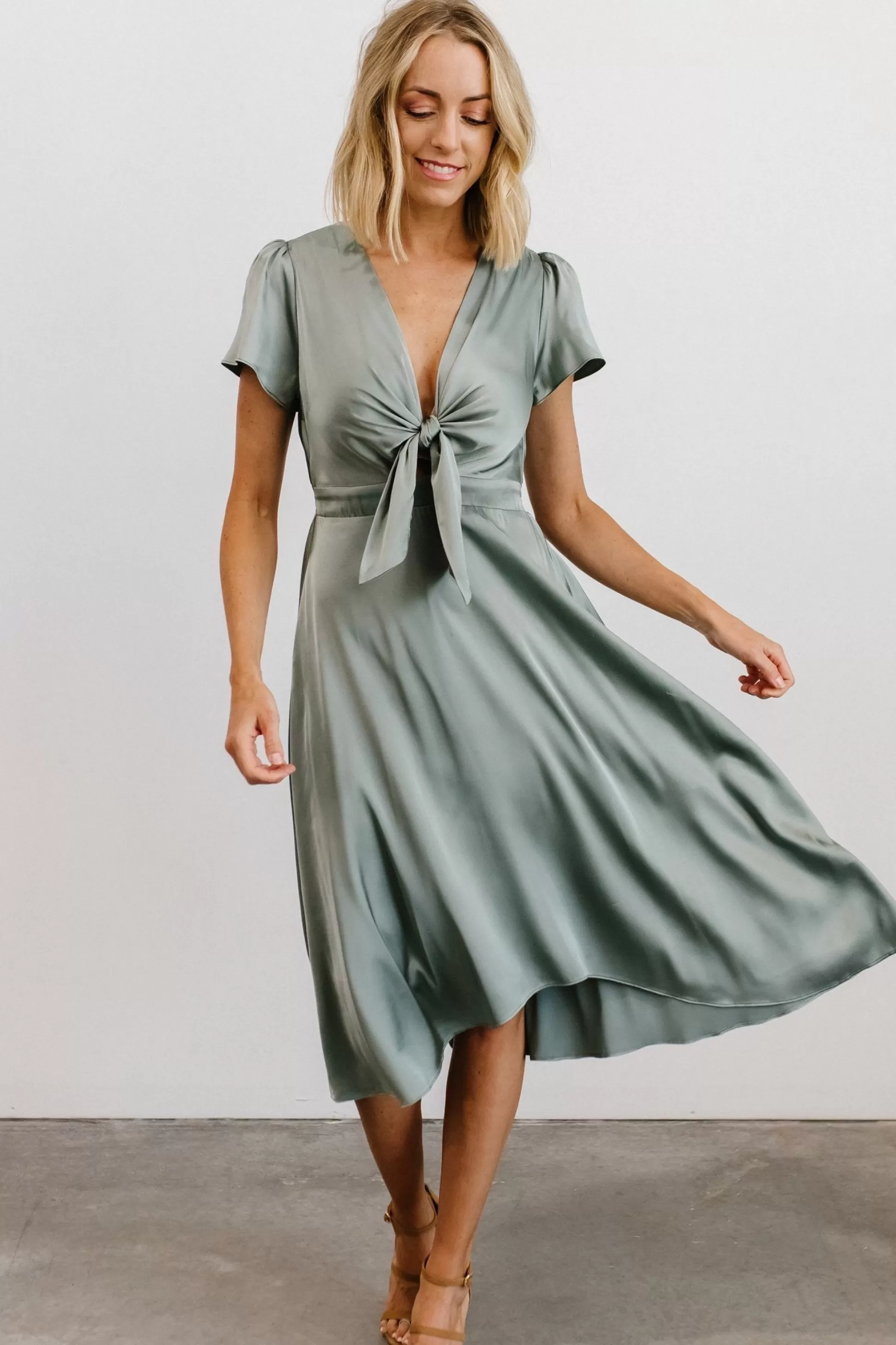 SALE | Baltic Born Poppy Satin Midi Dress | Eucalyptus