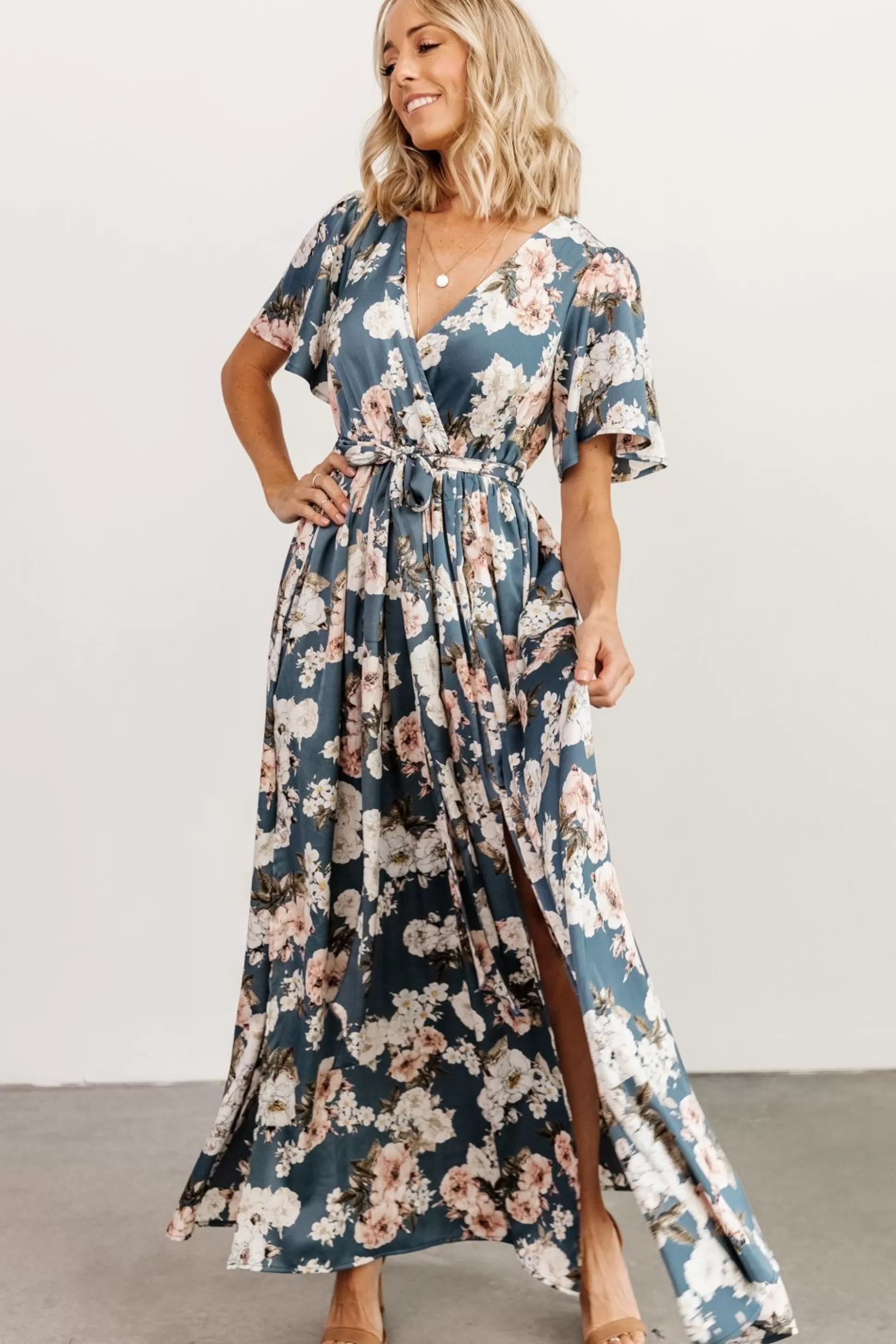 maxi dresses | WEDDING SUITE | Baltic Born Sicily Satin Maxi Dress | Blue Floral