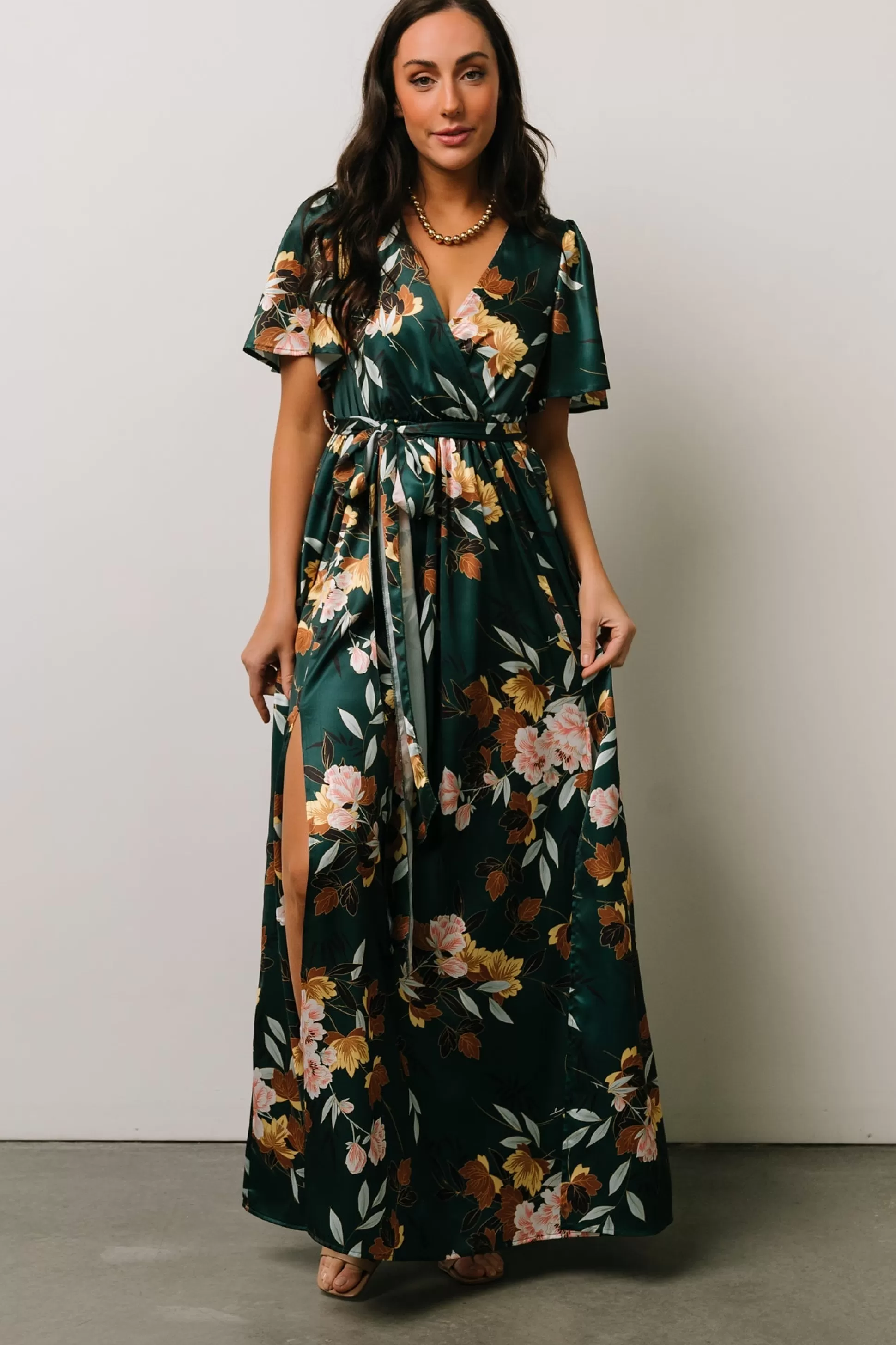 WEDDING SUITE | wedding guest | Baltic Born Sicily Satin Maxi Dress | Dark Green Floral