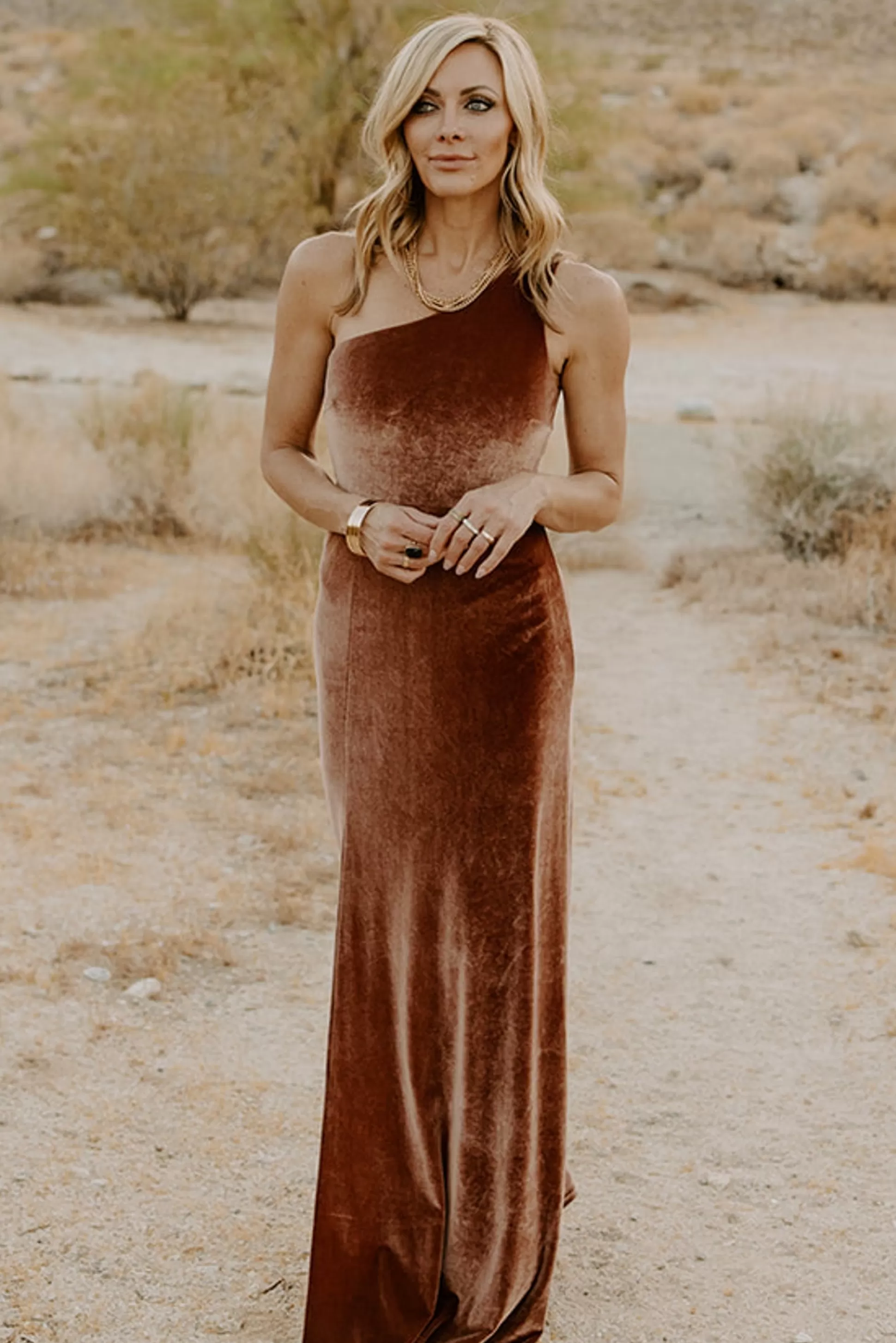 WEDDING SUITE | wedding guest | Baltic Born Tatiana Velvet One Shoulder Maxi Dress | Bronze