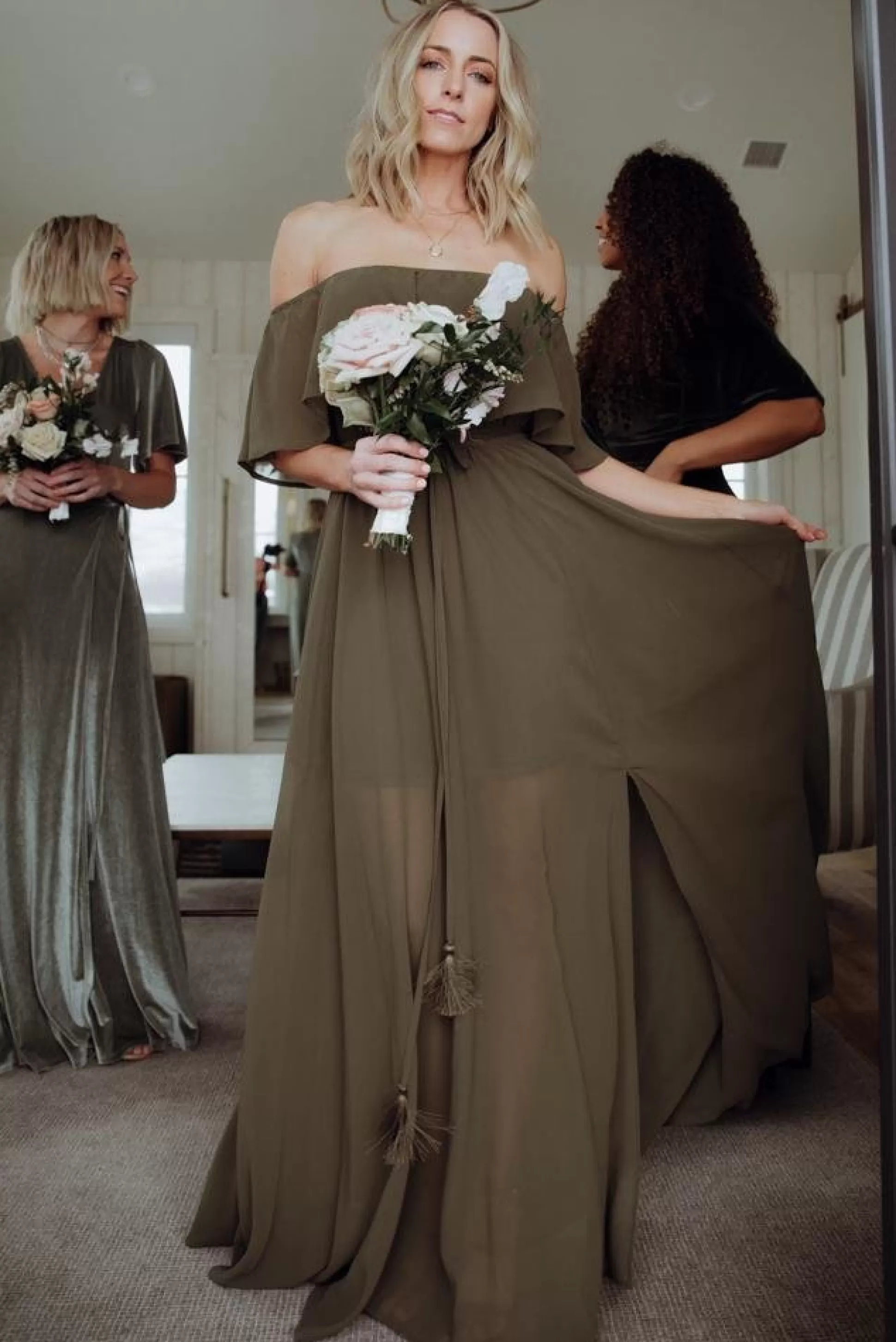 maxi dresses | WEDDING SUITE | Baltic Born Victoria Off Shoulder Maxi Dress | Olive